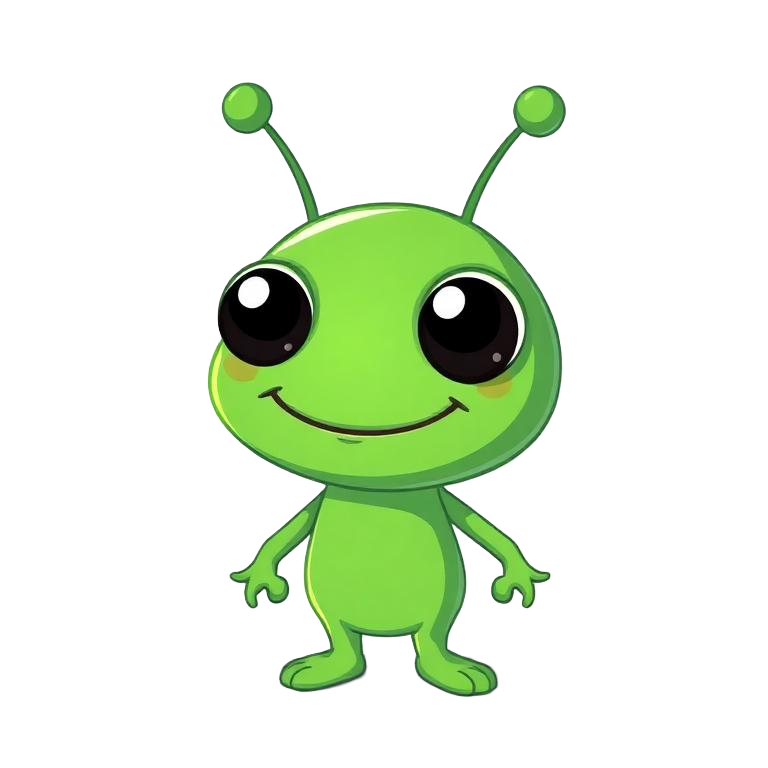 A curious alien floating beside the studio hero